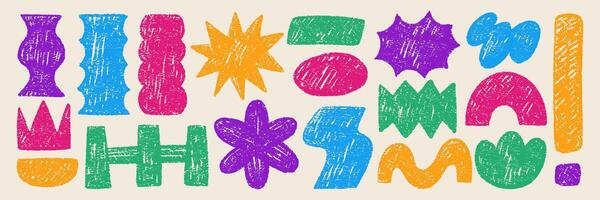 Set of abstract funky shapes with crayon, pastel or chalk texture. Star, flower, wave, label and oval in retro style. Color illustration. vector