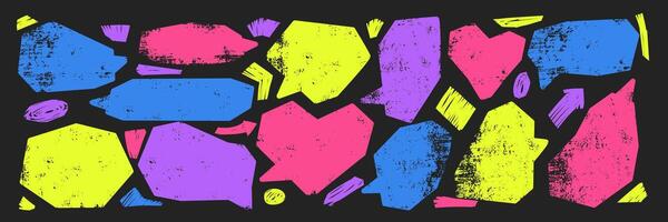 Set of speech bubbles, arrow and heart with crayon or chalk texture. Grunge illustration on the blackboard. vector