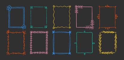 Set of outline squiggle frames with crayon, chalk or pastel texture. Design elements with floral elements for photo decoration. Color illustration on a blackboard. vector