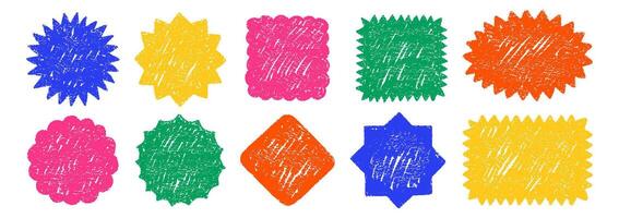 Set of labels or different geometric shapes with zigzag edge and crayon chalk or pastel texture. Circle, rhomb, oval and rectangle. Color illustration. vector