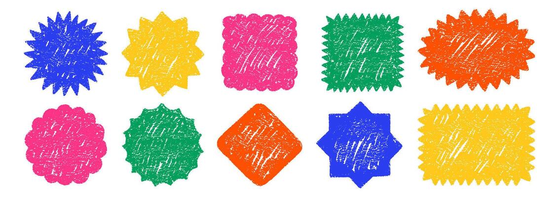 Set of labels or different geometric shapes with zigzag edge and crayon chalk or pastel texture. Circle, rhomb, oval and rectangle. Color illustration.