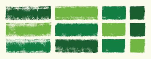 Collection of green paint roller strokes and rectangles with stamp texture. Hand drawn stripes and squares for banner or organic labels. Grungy illustration. vector