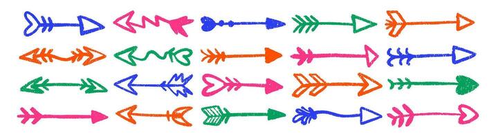 Set of doodle arrows with decoration with crayon, pastel or chalk texture. Cute hand drawn elements. Color illustration isolated on a white background. vector