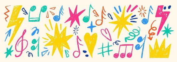 Hand drawn rock punk music elements with crayon, pastel and chalk texture. Lightning, star, notes and crown in sketch style. Color illustration isolated on a white background. vector