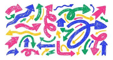 Set of bold and thin arrows with crayon, chalk or pastel texture. Rough hand drawn elements for school design. Color illustration on a white background. vector