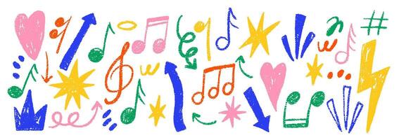 Grunge rock punk music elements with crayon, pastel and chalk texture. Lightning, star, notes and crown in doodle style. Color illustration isolated on a white background. vector
