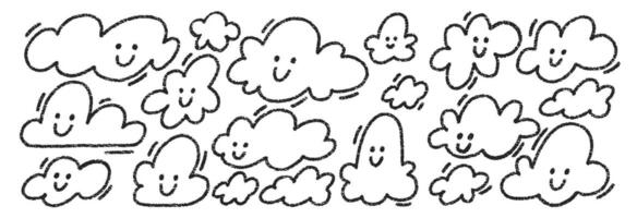 Set of hand drawn cloud with crayon or chalk texture. Scribble shapes with cute faces in sketch style for kids. Outline black illustration on a white background. vector