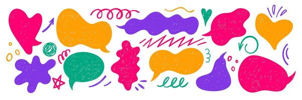 Set of hearts, speech bubbles, arrow and zigzag with crayon or chalk texture. Retro illustration on the white background. vector