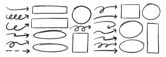 Set of arrows, ovals and rectangles with crayon, chalk and pastel texture. Handwritten design elements for study or diary. Sketch illustration isolated on a white background. vector