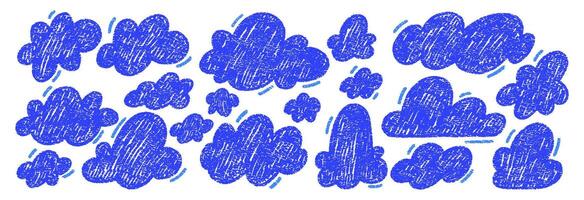 Set of hand drawn cloud with crayon or chalk texture. Cute blue shapes in sketch style. Children illustration on a white background. vector