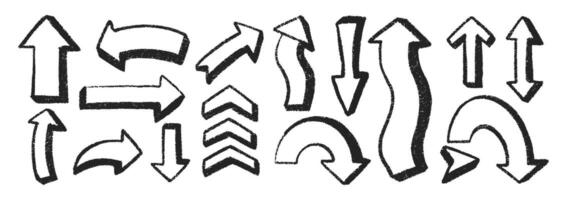 Set of grunge arrows with crayon, chalk or pastel texture. Scribble hand drawn elements for school design. Black illustration on a white background. vector