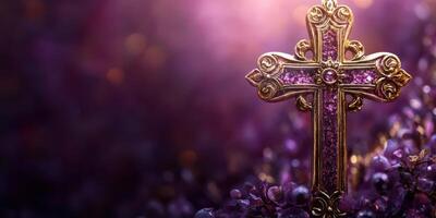 Golden cross adorned with gemstones shines against a purple backdrop, symbolizing spirituality and faith photo