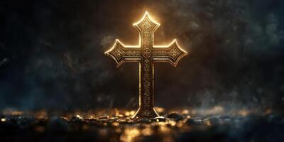 Golden cross illuminated by soft light in a dark, misty environment creating a serene atmosphere photo