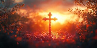 Sunset light illuminating a rustic cross surrounded by lush greenery and blooming flowers photo