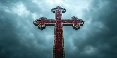 Intricately designed cross against a dramatic cloudy sky at dusk highlighting reflections of faith and art photo
