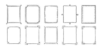 Set of outline doodle frames with crayon, chalk or pastel texture. Design elements for photo decoration. Sketch illustration isolated on a white background. vector