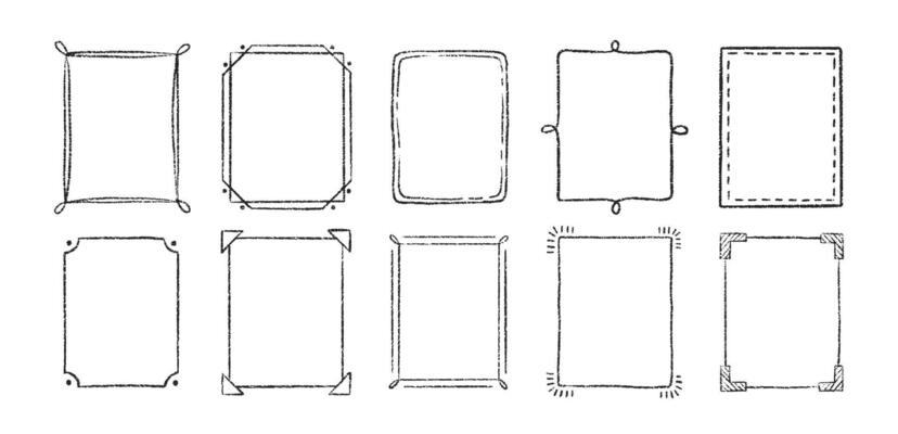 Set of outline doodle frames with crayon, chalk or pastel texture. Design elements for photo decoration. Sketch illustration isolated on a white background.