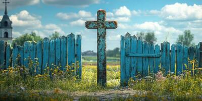 Rustic blue fence with a cross in a vibrant meadow with wildflowers under a clear sky photo