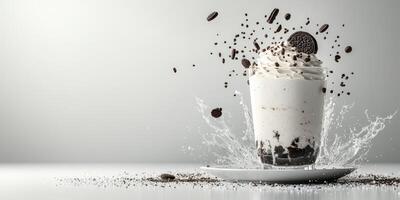 Delicious milkshake with cookies splashes against a light background during a creative food photography session photo