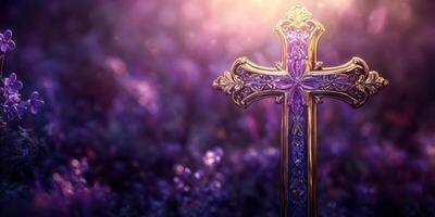 Ornate cross surrounded by purple flowers in a serene nature setting during golden hour photo