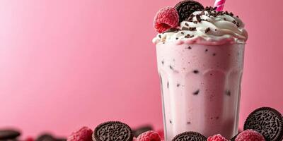 Delicious raspberry milkshake served in a tall glass garnished with cream and cookies against a pink background photo