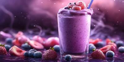 Delicious berry smoothie with vibrant colors served in a glass with fresh fruits on a dark surface photo