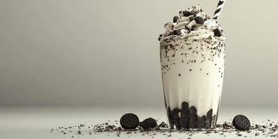 Creamy dessert drink topped with whipped cream and cookie crumbles on a gray background photo