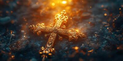 Glimmering golden cross resting on ground in soft light at dusk, surrounded by nature's subtle beauty photo