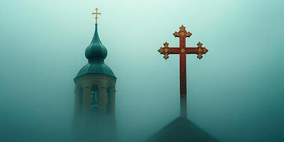 Fog envelops a church tower and cross, creating a serene and mysterious atmosphere at dawn photo