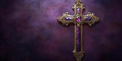 Ornate gold and purple cross displayed against a dark textured background emphasizing craftsmanship and spirituality photo