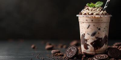 Oreo milkshake served in a clear cup with whipped cream and mint on a dark background photo