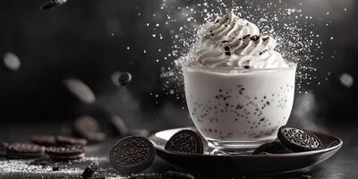 Delicious dessert featuring whipped cream and cookie crumbles on display in a dark setting photo