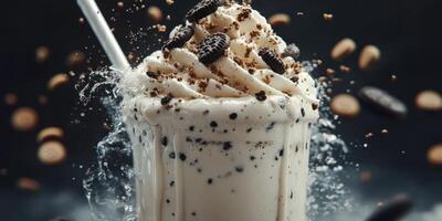 Delicious milkshake with cookies splashing in the air during a fun dessert moment at a cozy cafe photo