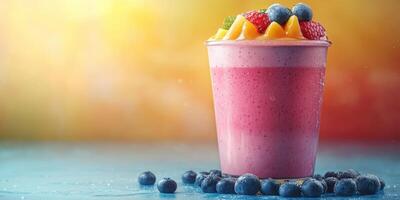 Colorful fruit smoothie served in a cup with blueberries and raspberries on a bright background photo