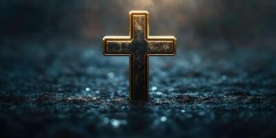 Golden cross illuminated on dark textured surface representing faith and spirituality in a serene environment photo