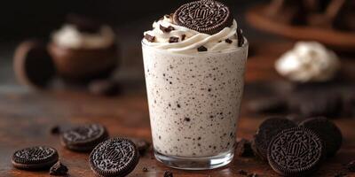 Creamy dessert drink topped with crushed cookies served in a clear glass on a wooden table photo