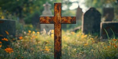 Rusty cross stands among colorful flowers in an old cemetery during golden hour, creating a serene atmosphere photo