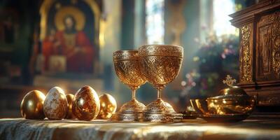 Golden chalices and decorated eggs on altar during religious celebration in a sunlit church environment photo