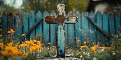 Weathered cross surrounded by vibrant flowers in a serene garden setting near a rustic fence photo