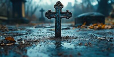 Cross rising from the ground in an old graveyard during a foggy autumn day photo