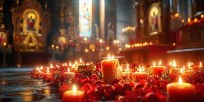 Candles and roses arranged on the floor inside a beautifully lit church with stained glass windows in the background during a solemn moment photo
