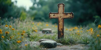 Rusty cross marks a grave in a tranquil cemetery surrounded by wildflowers during twilight photo