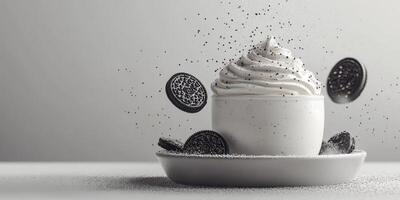 Creamy dessert with whipped topping and cookies in a minimalist setting showcasing a sweet treat moment photo