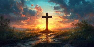 Sunset behind a cross in a tranquil landscape with colorful clouds at dusk photo