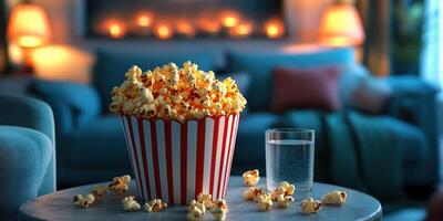 Cozy living room with a bowl of popcorn and a glass of water on the table during movie night photo