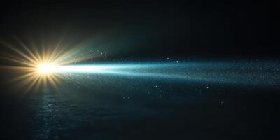 Bright light beams illuminating a dark space with particle effects in motion at a nighttime setting photo