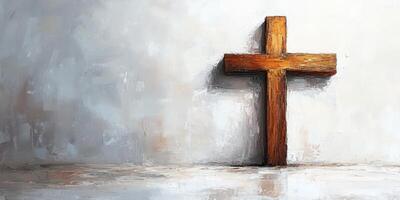 Wooden cross rests against a weathered wall in a serene setting evoking reflection and spirituality photo
