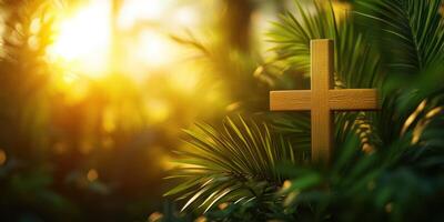 Wooden cross surrounded by lush greenery at sunset creates a serene atmosphere of reflection and spirituality photo
