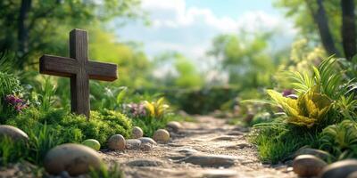 Wooden cross in a lush garden path surrounded by greenery and flowers on a sunny day photo