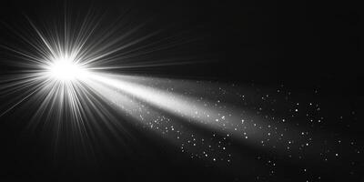 Bright light beam radiating in darkness with sparkling particles in the atmosphere during a nighttime setting photo